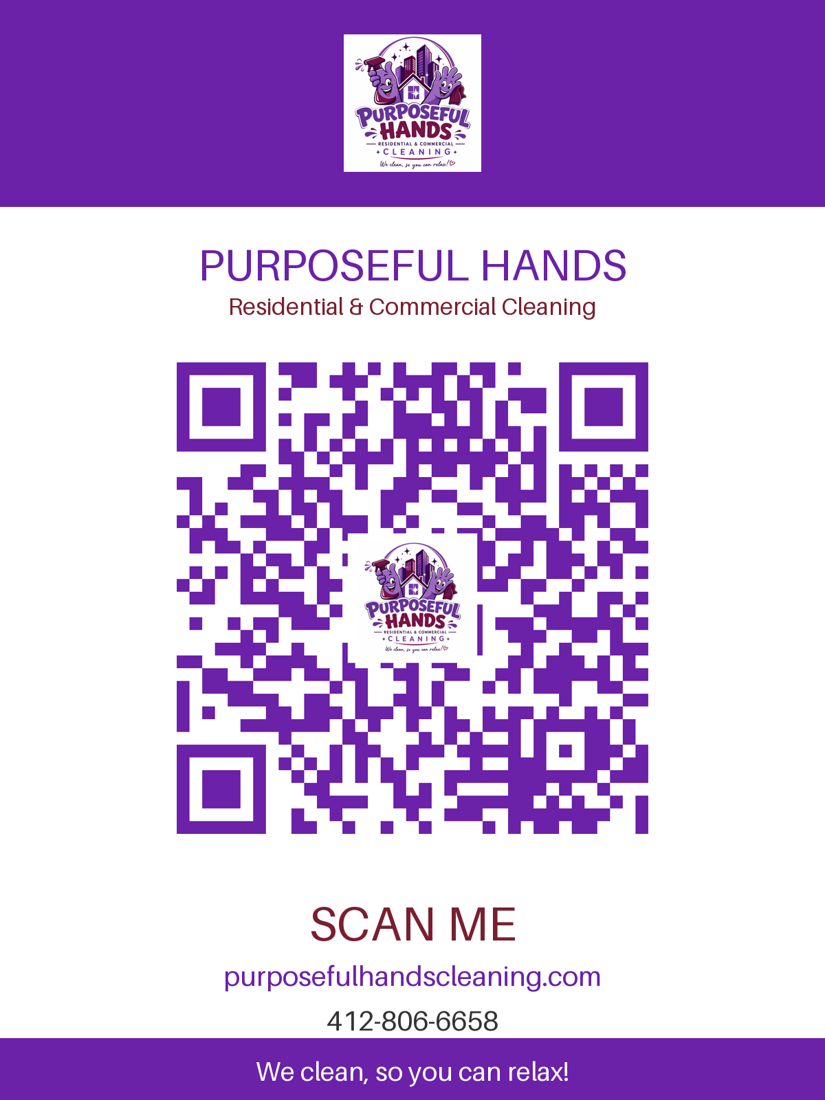 Purposeful Hands Print-Ready Flyer QR code linking to purposefulhandscleaning.com